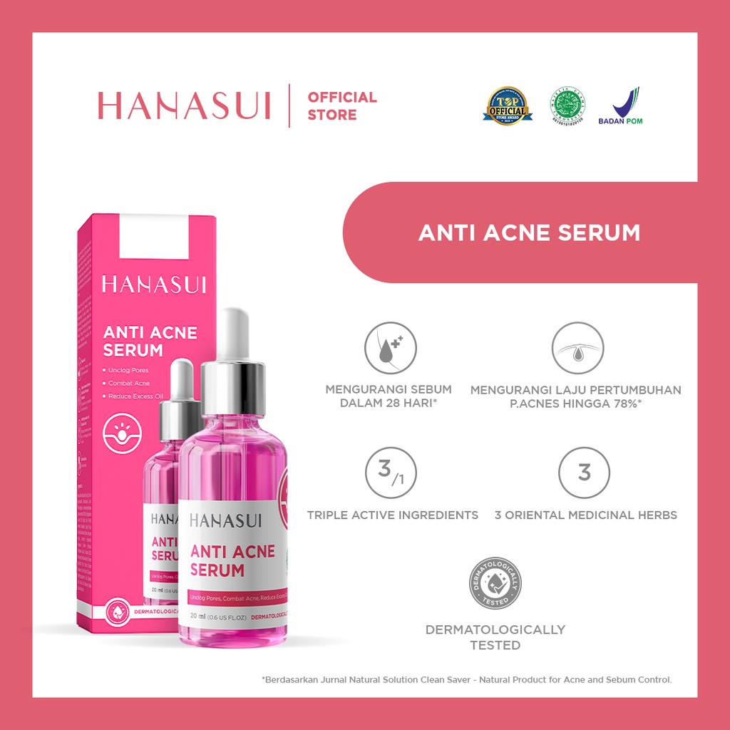 [ORI] Hanasui Serum Pink Anti Acne Melembabkan Kulit Kering Mencegah dan Mengurangi Jerawat pada Wajah | BPOM 20ml
