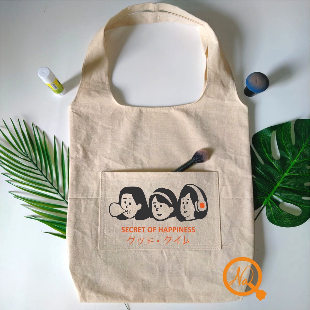 Totebag Vintage Tas tote Big Bahan Kanvas Tebal Tote Bag Kanvas-Happiness