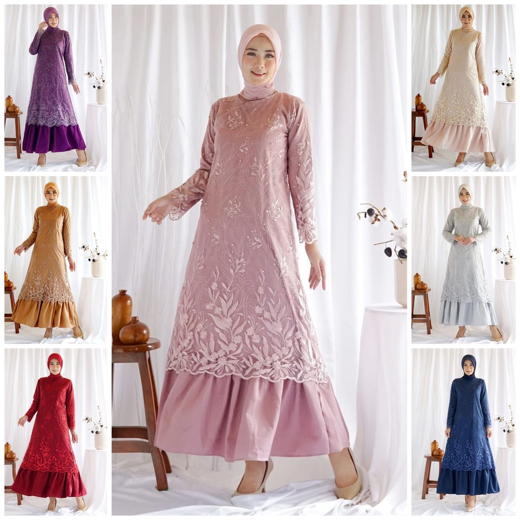 (FULL TILE BRUKAT) Gamis FARASYA FULL Brukat Tile Maxi Dress Gamis Pesta Kondangan MewaH / Dress Muslim Seragam