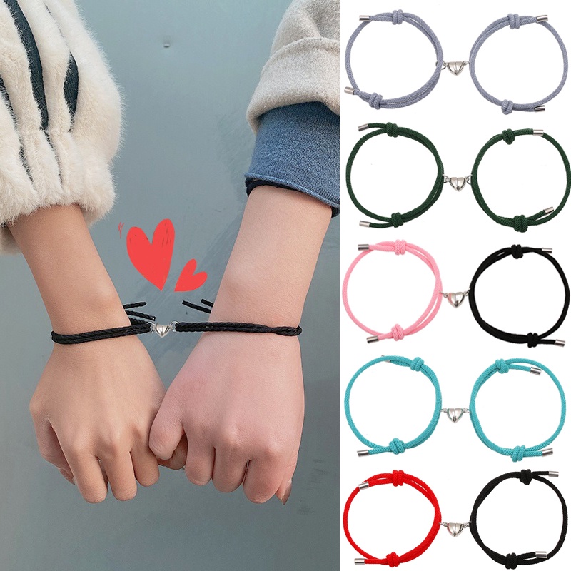 1 Pasang Gelang Tali Kepang Magnetik Dengan Liontin Hati Bahan Baja Untuk Pasangan