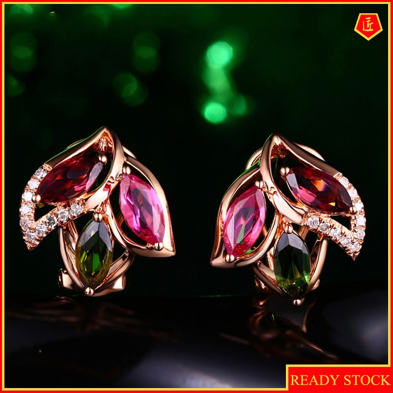 [Ready Stock]18K Rose Gold Colored Gems Ruby Petal Stud Earrings