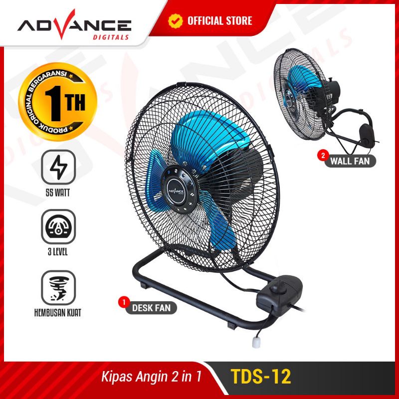 KIPAS ANGIN MULTIFUNGSI | KIPAS ANGIN DINDING DAN KIPAS ANGIN MEJA ADVANCE TDS-12 KIPAS ANGIN SUPER KENCANG - Tali Tarik 3 Mode Kecepatan ADVANCE TDS 12 | FMS