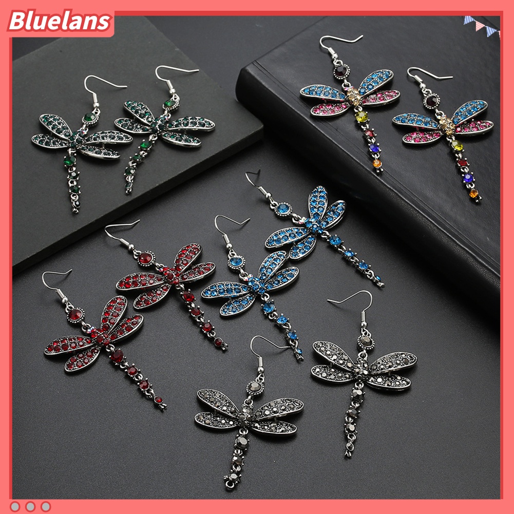 Bluelans Women Dragonfly Shape Dangle Rhinestone Hook Statement Earrings Jewelry Gift