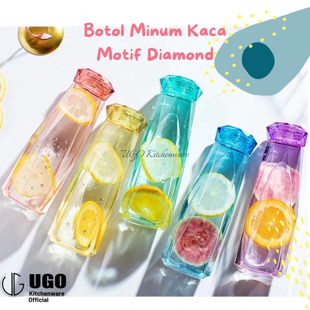 BOTOL TEMPAT WADAH AIR MINUM ANAK SEKOLAH KACA MOTIF DIAMONDS MURAH CANTIK 420ML