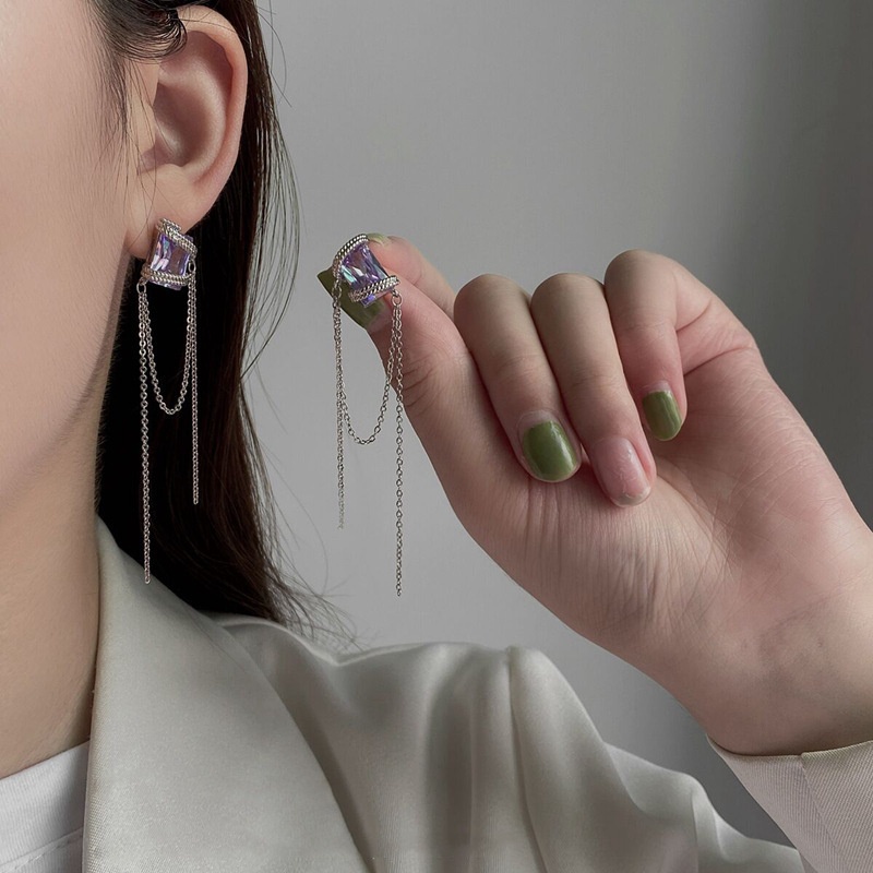 Anting Gantung Panjang Model Rantai Rumbai Berlian Imitasi Warna Ungu Untuk Wanita