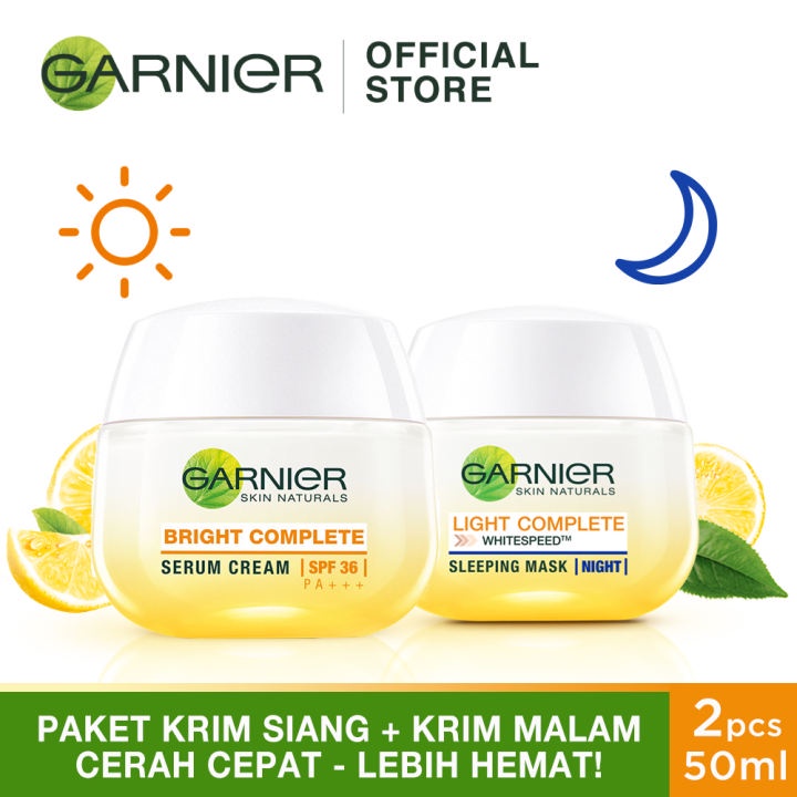 Garnier Light Bright Complete Cream Krim Siang Malam Day Night Whitening Serum SPF 30 Sleeping Mask 50 ML