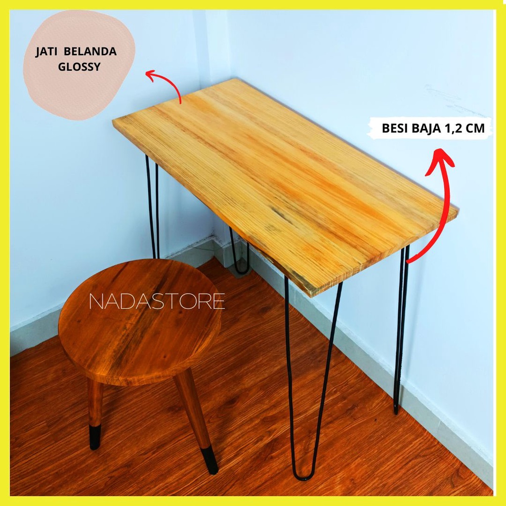 MEJA LAPTOP / MEJA KERJA / MEJA KOPI / COFFE TABLE KAKI BESI HAIRPIN / MEJA KAYU JATI BELANDA