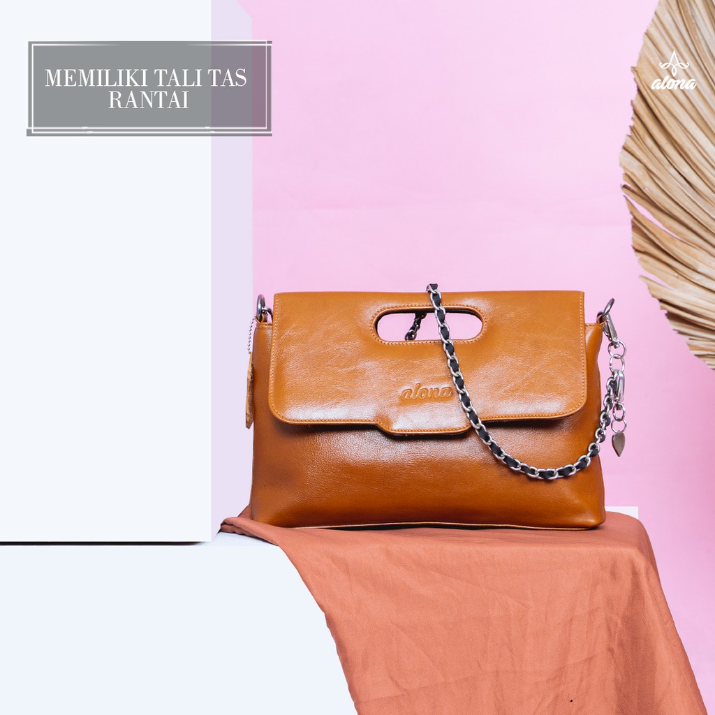 Tas Wanita Branded Model Selempang Slempang Bahu Bahan 100% Kulit Sapi Asli Original Alona Melinda Leather Sling Bag