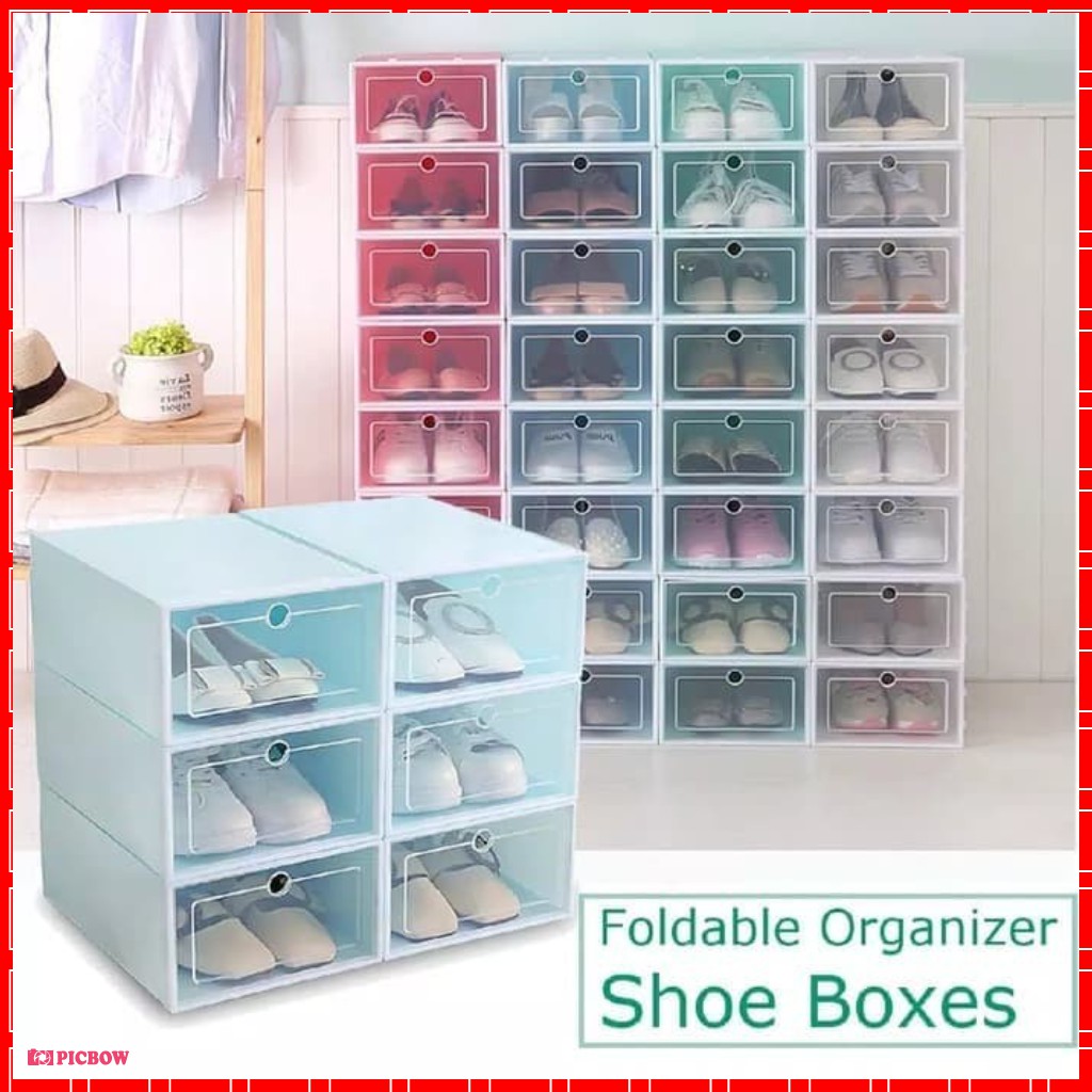 rumah_kita2020 Kotak Sepatu Lipat Transparan Tebal Shoes Storage Box Organizer Rak Sepatu Plastik Susun COD TERMURAH Box Sepatu Lipat Transparan ANTI DEBU SERBAGUNA Wadah Sepatu Tempat Sepatu Sotrage Organizer Serbaguna