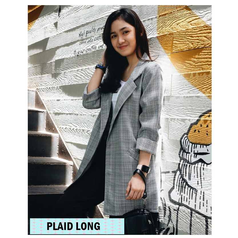 Cocok Buat wanita Hijab Casual Kantoran Panjang/ KP87 PLAID LONG BLAZER