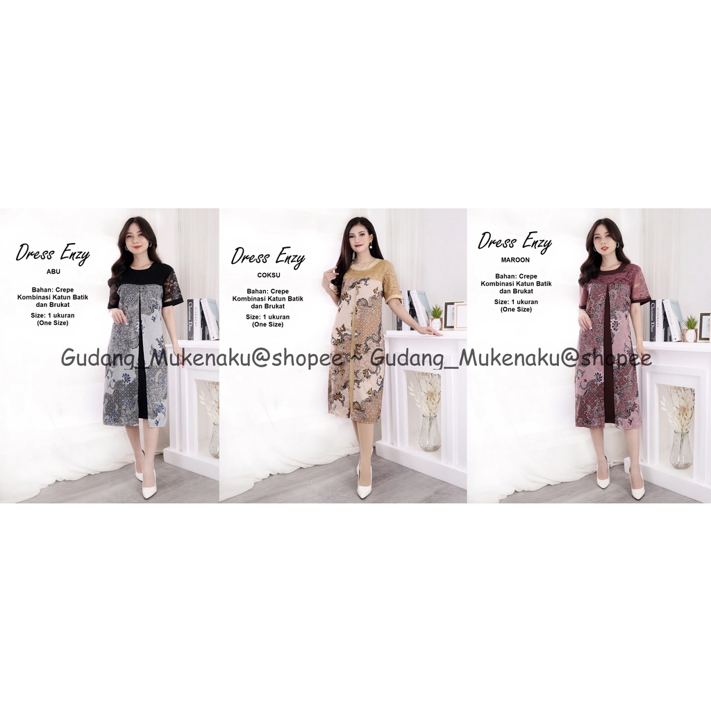 Gudang_Mukenaku Dress Enzy Bahan Katun Batik Kombinasi Brukat Pakaian Fashion Wanita Dewasa Terbaru Premium COD bisa bayar di tujuan