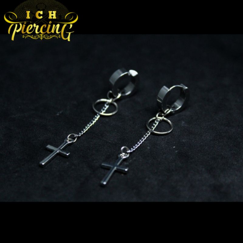 Anting KPOP model salib tindik dan Jepit / Anting salib gantungan / Anting titanium