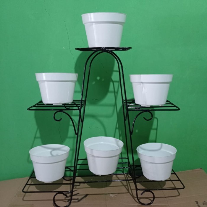 standing rak pot bunga 6 susun + pot bunga/ vas bunga/rak pot besi. - Hitam