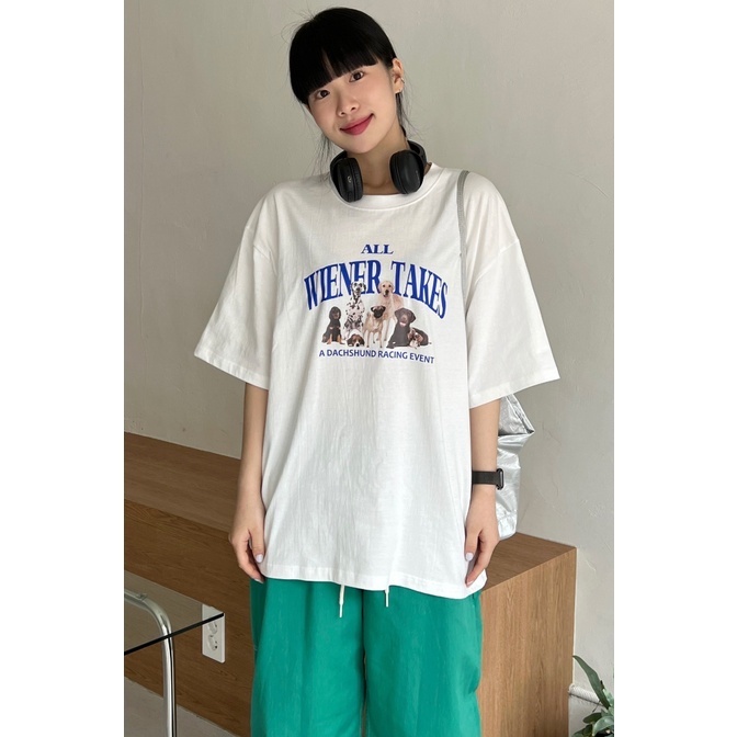 EUNII T-shirt Lengan Pendek Imut Anjing Pencetakan Longgar Korean Style/Kaos Atasan Wanita/Baju Kaus Oversize Wanita