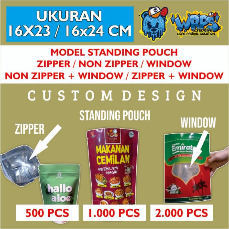 

kemasan standing pouch ukuran 16x23 / 16x24 cm non zipper / zipper / non zipper + window / zipper + window