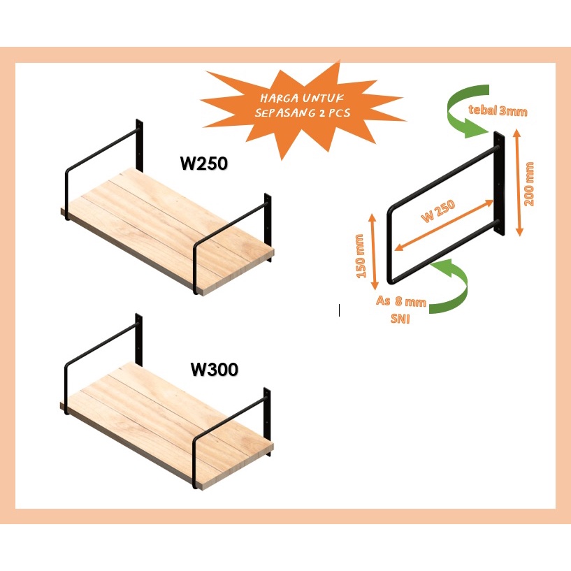 Rak Ambalan Buku Sepatu Dapur Dekorasi Tempel Gantung Dinding Serbaguna Minimalis Besi Kayu