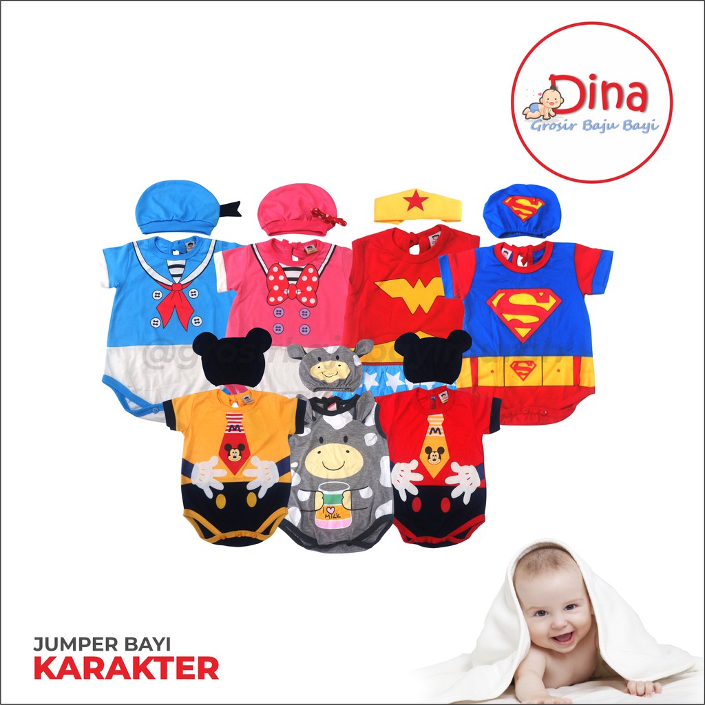 1 SET jumper + topi bayi karakter 1-12 bulan