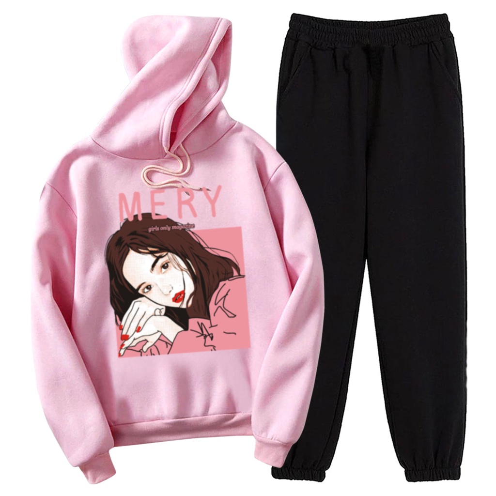 BESS - Baju Setelan Wanita Murah / Setelan Hoodie + Jogger Hitam - MERY