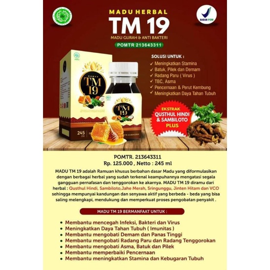 

Terlaris! Madu TM19 Plus Ekstrak Sambiloto Dan Qusthul Al Hindi Madu Covid 19