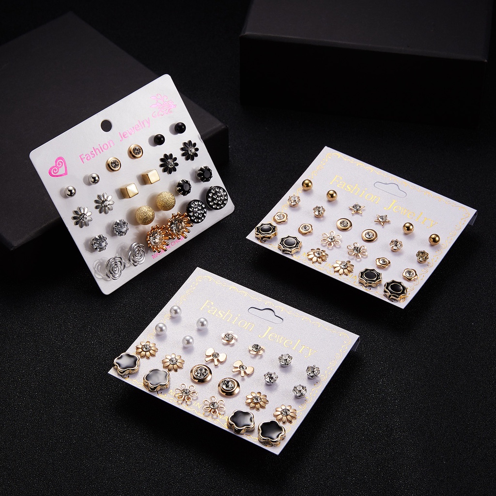 [12 Pairs / Set Crystal Pearl Imitation Zircon Alloy Mixed Earrings Sets ] [Korean Colorful Flower Round Ear Stud Earrings Sets] [Lovely Gifts Bridal Wedding Party Ear Jewelry]