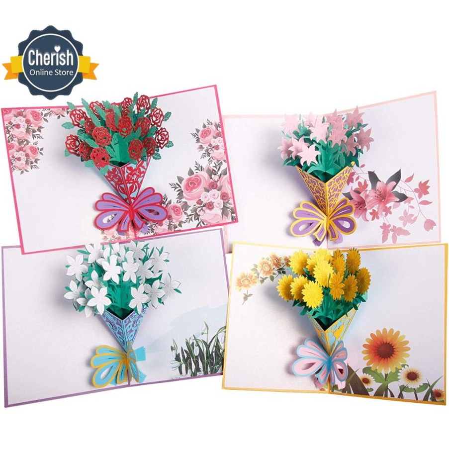 POP UP 3D CARD - Kartu Ucapan 3 Dimensi FLOWER BOUQUET - Greeting Card unik - 4 Warna