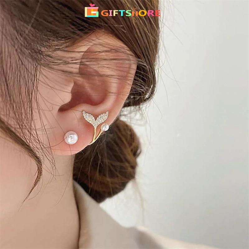 COD✨Anting Tusuk Sterling Silver 925 Model Ekor Ikan Hias Mutiara Elegan Ala Korea Untuk Wanita gs