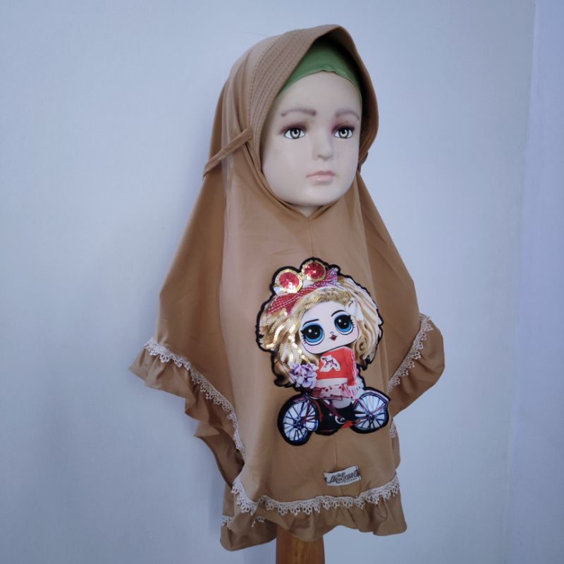 Jilbab anak 4 5 6 7 8 tahun lol lampu rempel renda lucu ( jilbab Lola )