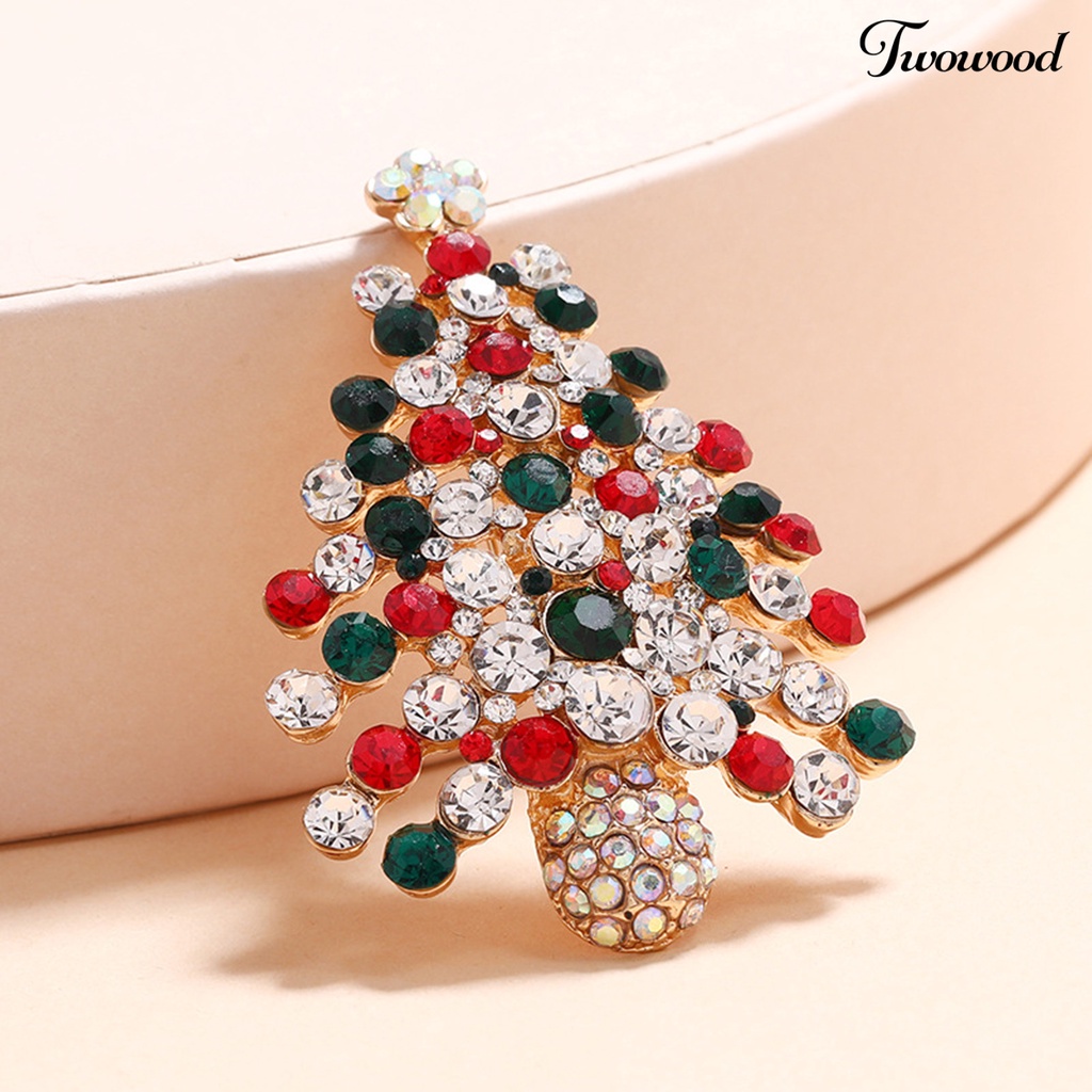 Twowood Women Brooch Pin Christmas Tree Shape Colorful Rhinestone Jewelry Shiny Rhinestone All Match Brooch for Christmas