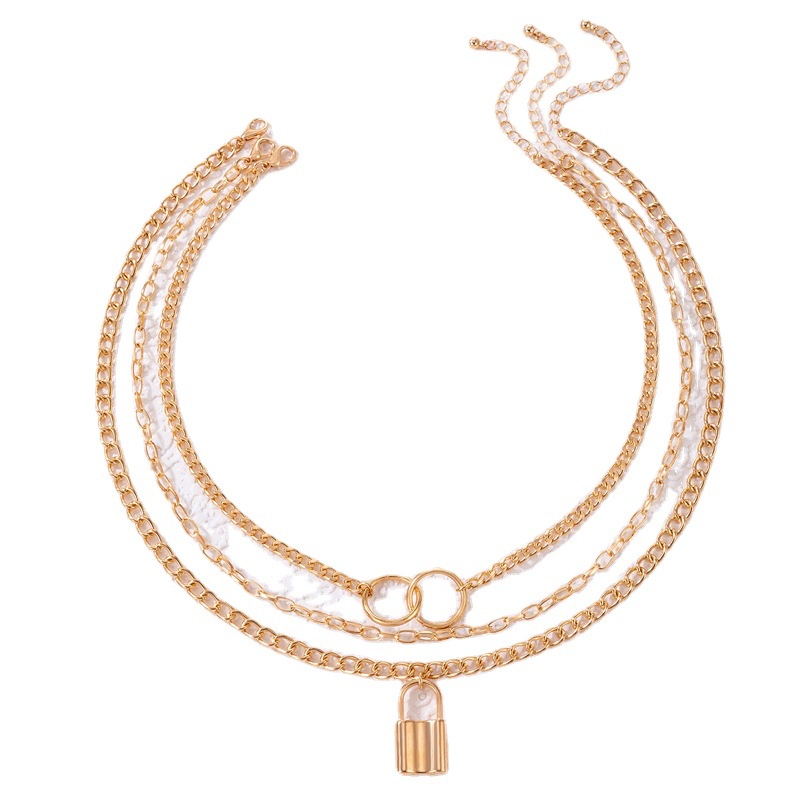 2022 Kalung Rantai alloy Tiga Lapis Dengan Liontin Gembok Geometris Untuk Wanita