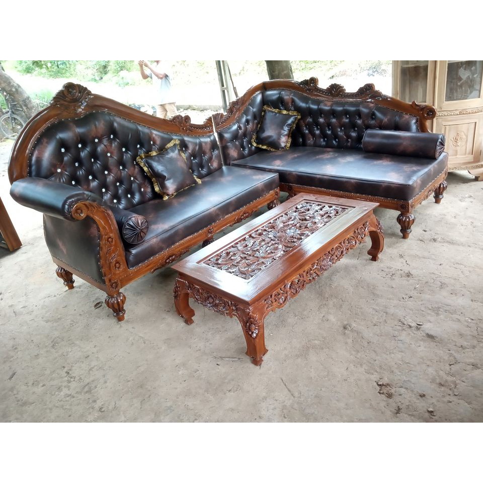 Sofa sudut L jati, kursi tamu sudut jok oscar ukiran