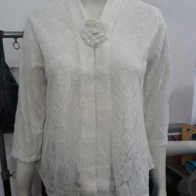 (BrM92/100/110) Kebaya floy BRUKAT glitter 7/8 MANSET std-besar KeroncongBusana-Putih tangan lurus