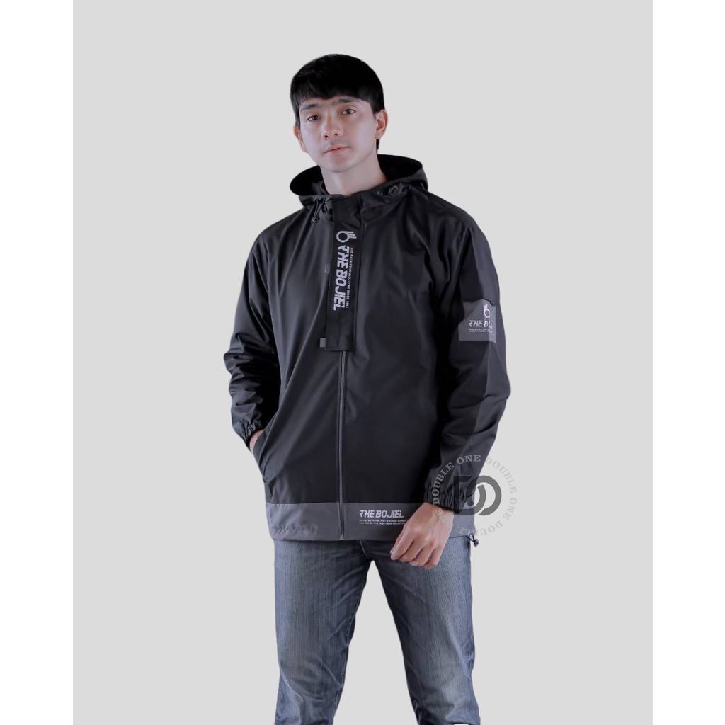 DOUBLE ONE - Jaket Pria Outdoor Taslan Original THE BOJIEL / Jaket Waterproof / Jaket Hoodie Parasut Pria / Jaket Hoodie Anti Air Hitam Abu