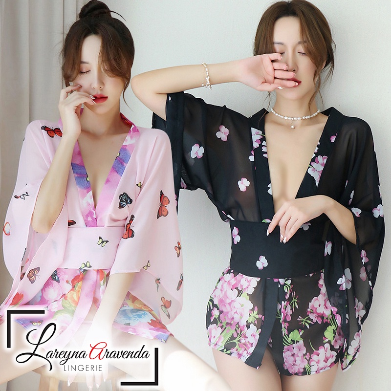 Lareyna Aravenda Set Lingerie + G String Seksi Kimono Sakura Lengan Lebar LG459