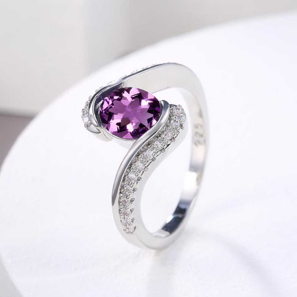 Cincin S925 Perak Sterling Lonjong Ungu Zirkon Berlian Batu Asli Pernikahan Ring Perhiasan Fashion