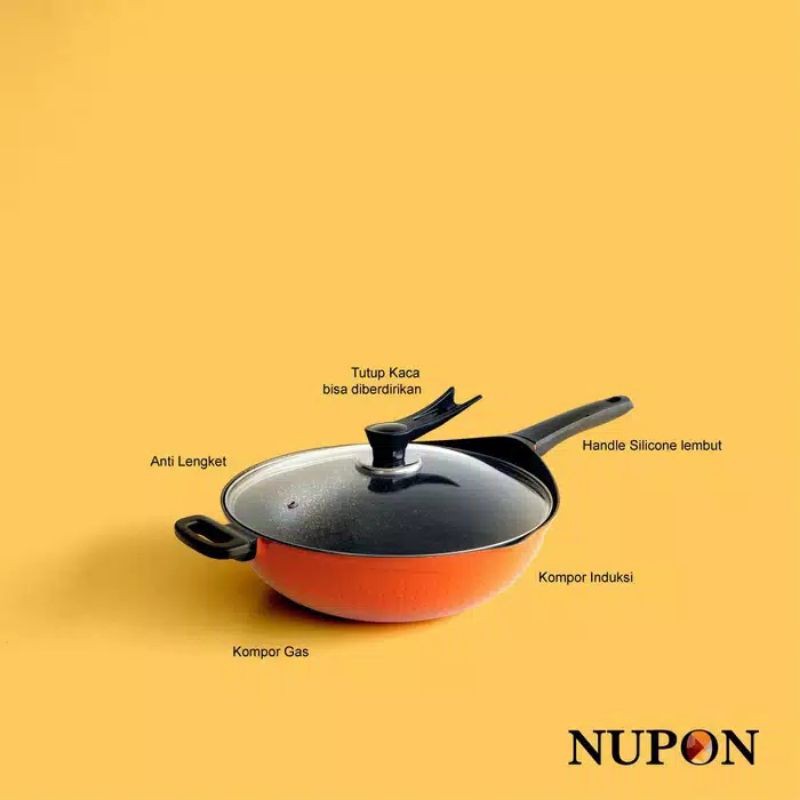 panci wok pan NUPON anti lengket 36cm dan tutup kaca kompor induksi
