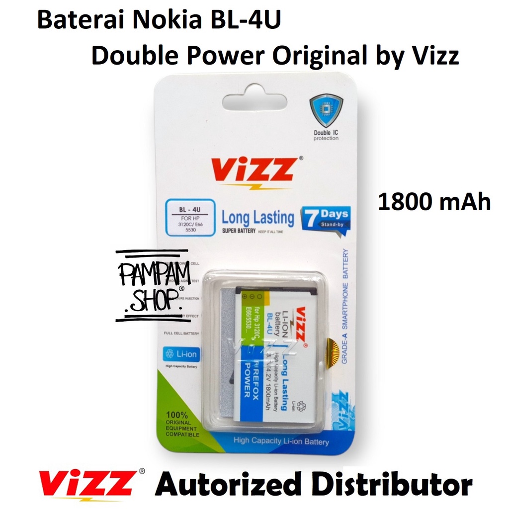 Baterai Vizz Double Power Original Nokia BL-4U BL4U 3120 5730 8800 Asha 210 300 E66 E75 Batre Batrai Battery Handphone HP Ori