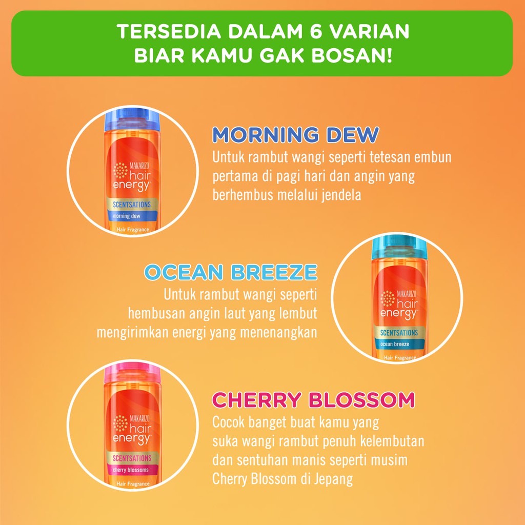 MAKARIZO Hair Energy Scentsations Fresh Bouquet Indonesia / Hair Fragrance 30ml 100ml / ScenTech-F UV Protection Vitamin / Parfum Rambut Parfume Spray Mist Minyak Wangi Pewangi Body Badan / Morning Dew Ocean Breeze Cherry Blossoms White Musk Blue Coast