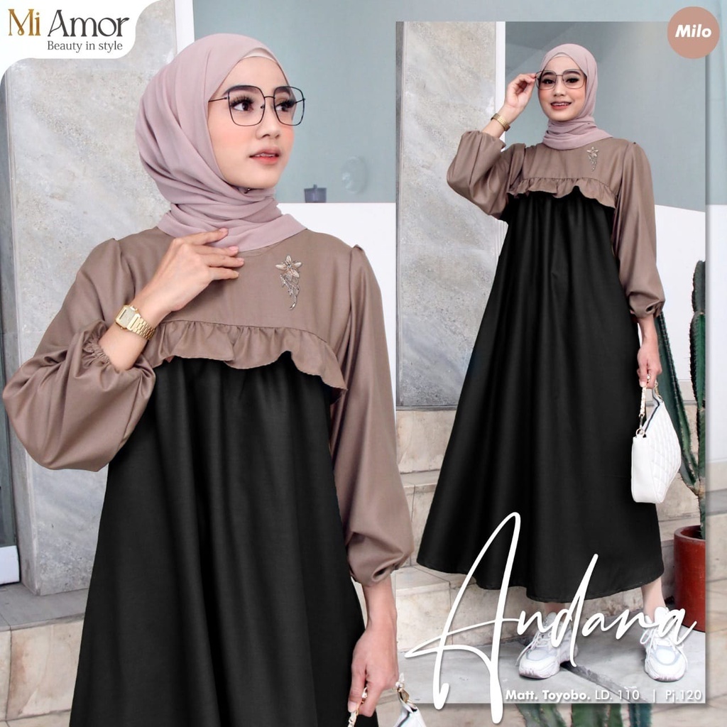 DRESS MIDI WANITA POLOS BAHAN TOYOBO ANDARA MIDI PAKAIAN WANITA, DRESS MUSLIM WANITA, DRESS WANITA D