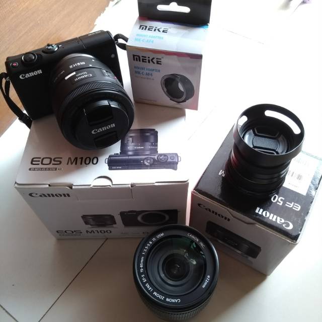 Paket Mirrorless Canon M100 plus Lensa Canon 50mm f1.8, 15-85mm, manual 45mm f1.6, adapter meike