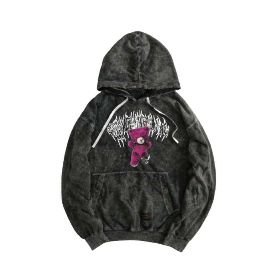 BURGUNDY Jaket Hoodie Wash Distro Motif BEAR | Jaket Hoodie Sandwash Pria Good Quality