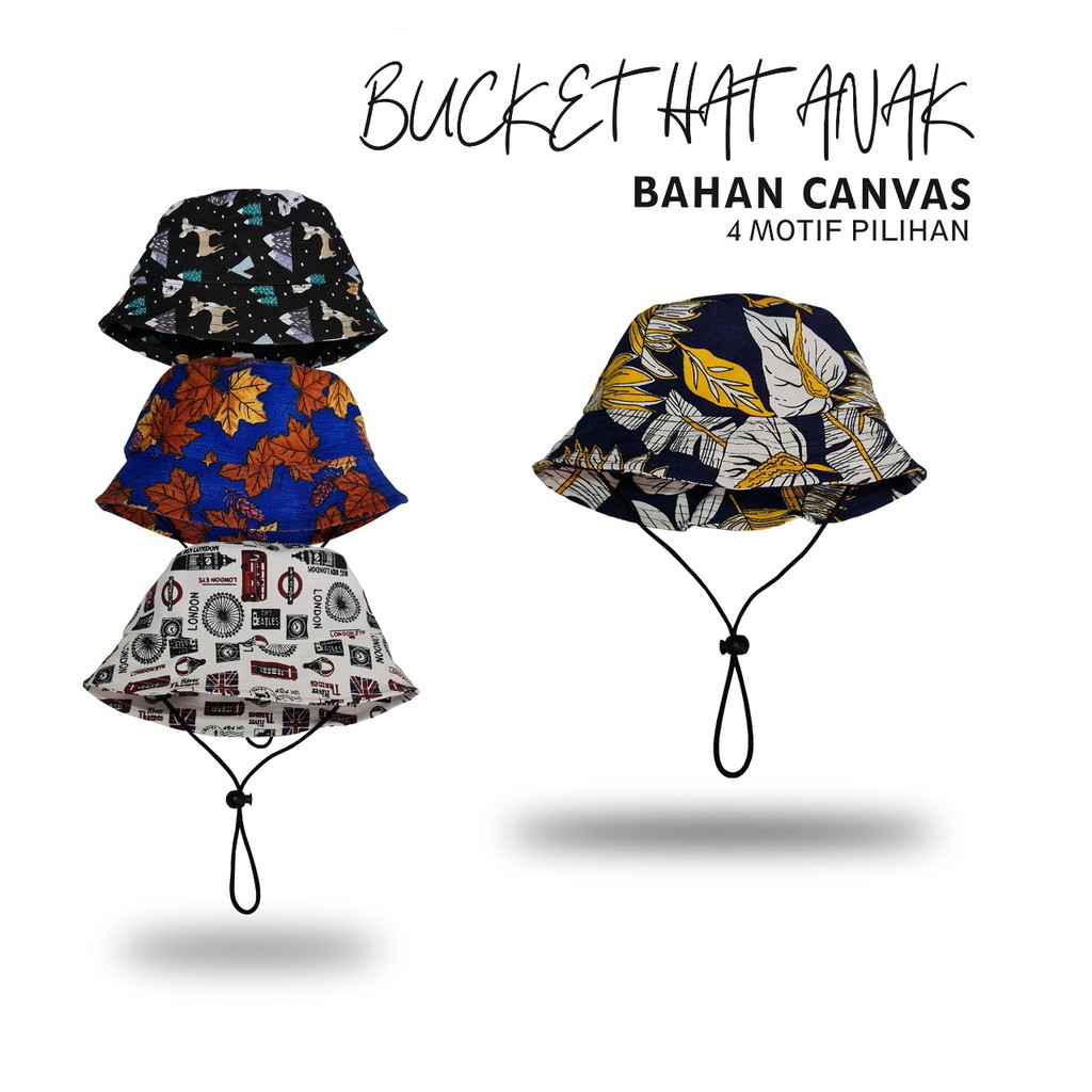 Topi Bucket Anak Tali Bahan Canvas Tebal Motif