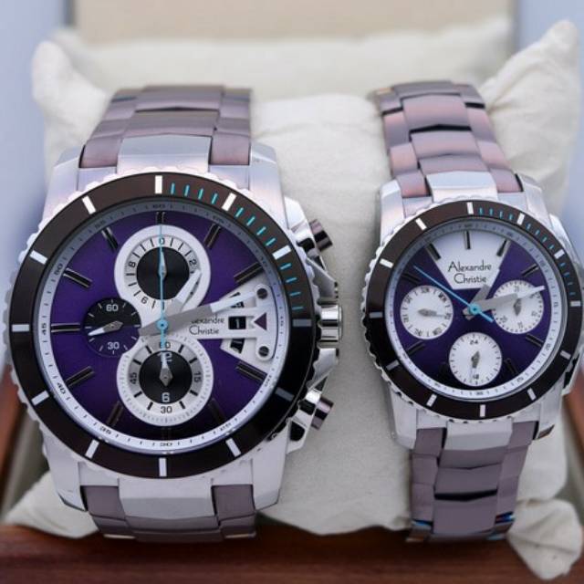 Jam Tangan Couple Alexandre Christie Original AC 6455 Silver  Purple
