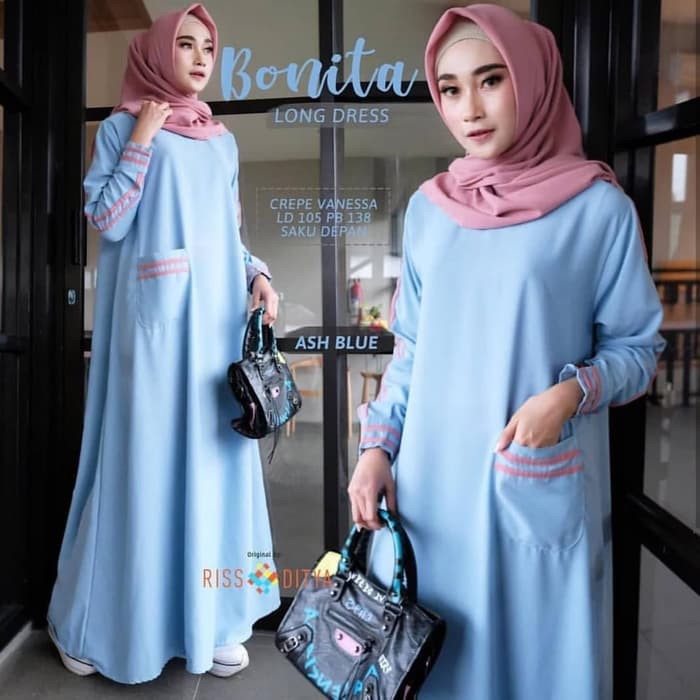 Bonita long dress ash blue /fashion wanita/dress wanita/muslim wanita