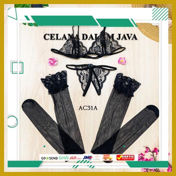 TERMURAH STOCKING SEXY LACE + BRA CD G STRING UNDERWEAR WANITA HITAM AC31A IMPORT
