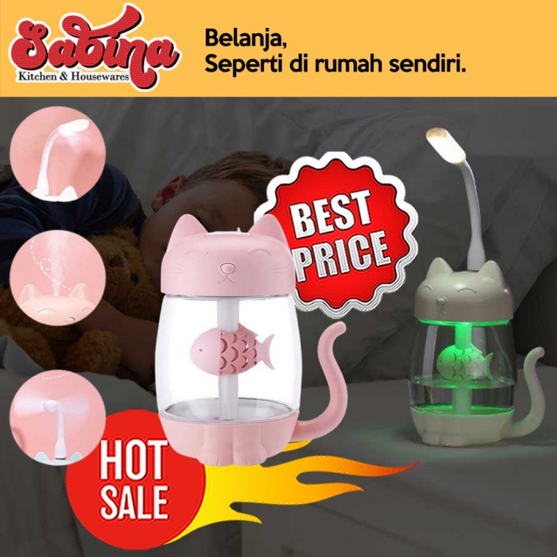 Humidifier Diffuser Model Kucing Lucu 3 in 1 Kipas LED USB 350ml