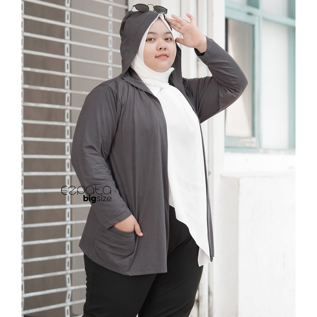 Cardigan Jumbo Wanita XXXXL Cardi Kaos Rayon Kapuchon Penutup Kepala Lengan Panjang