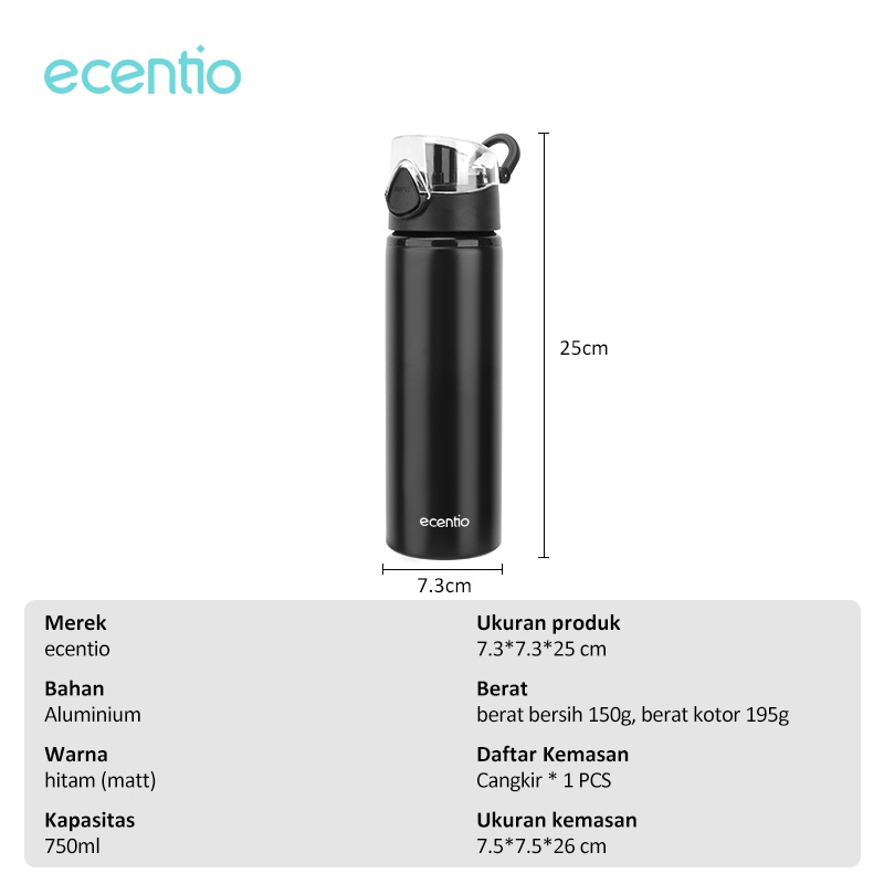 ecentio &amp; FOODI 750ml hitam Aluminum botol minum anti tumpah olahraga sepeda Hitam with cap/tumbler botol minum 750ml botol air black portable/bottle minum sepeda Hitam