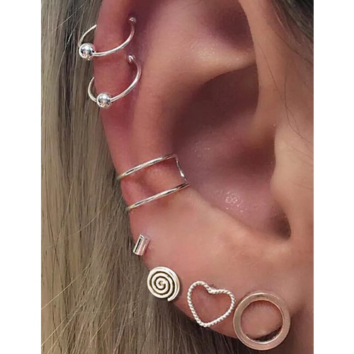 LRC Anting set Fashion Silver Color Love Spiral Geometric Stud W74835