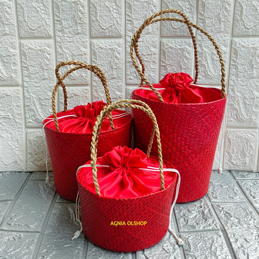 Keranjang Hampers Anyaman Pandan Isi 1 Toples | 2 Toples | 3 Toples (Merah) Tas Parcel Lebaran Box H