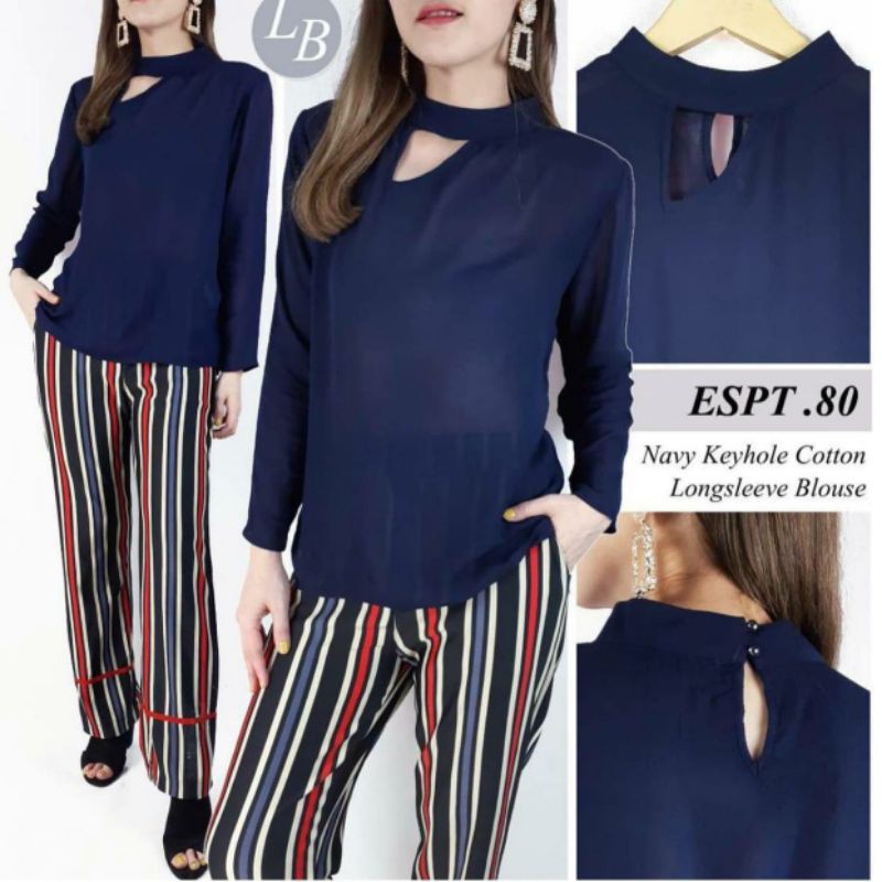 esprit navy keyhole cotton longsleeve Blouse